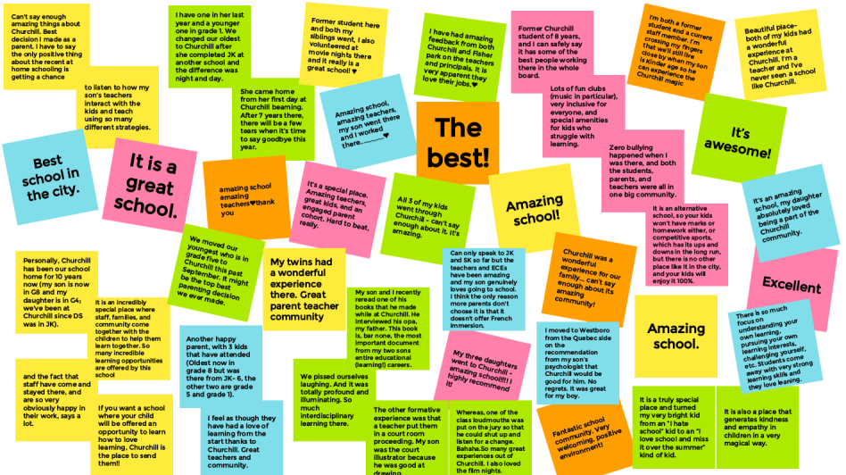 A graphic of a ton of sticky notes with different words on them like &quot;the best!&quot;, &quot;Amazing school&quot;